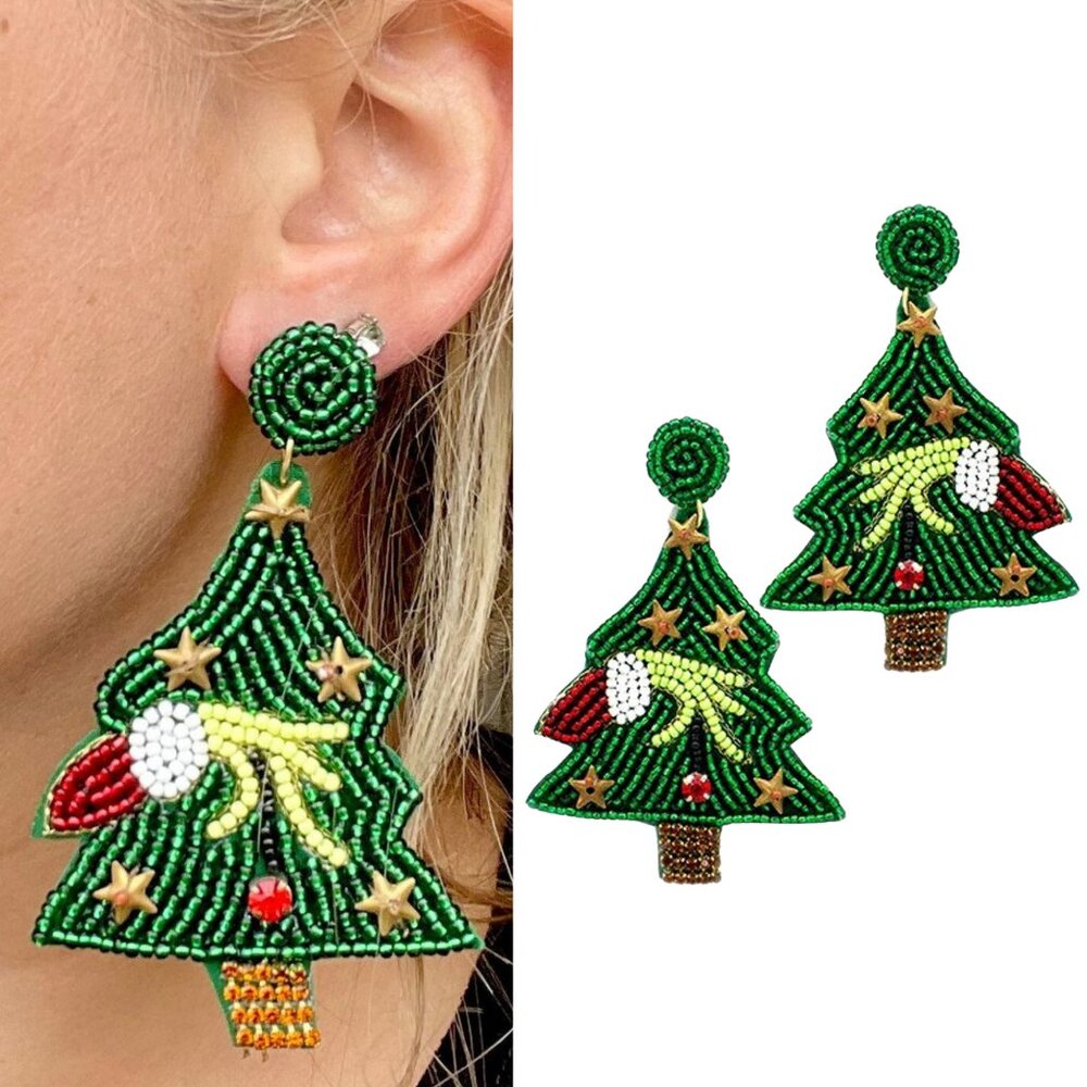 The Grinch Seed Beaded Holiday Christmas Tree Green Earrings